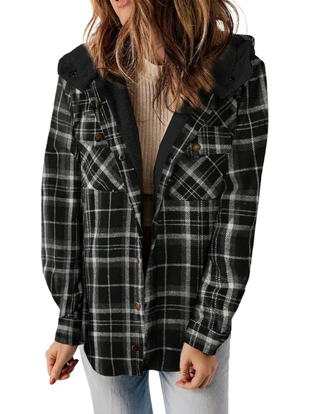 〽️Women's Black Plaid Sherpa Lined Hooded Shacket Warm Winter Jacket